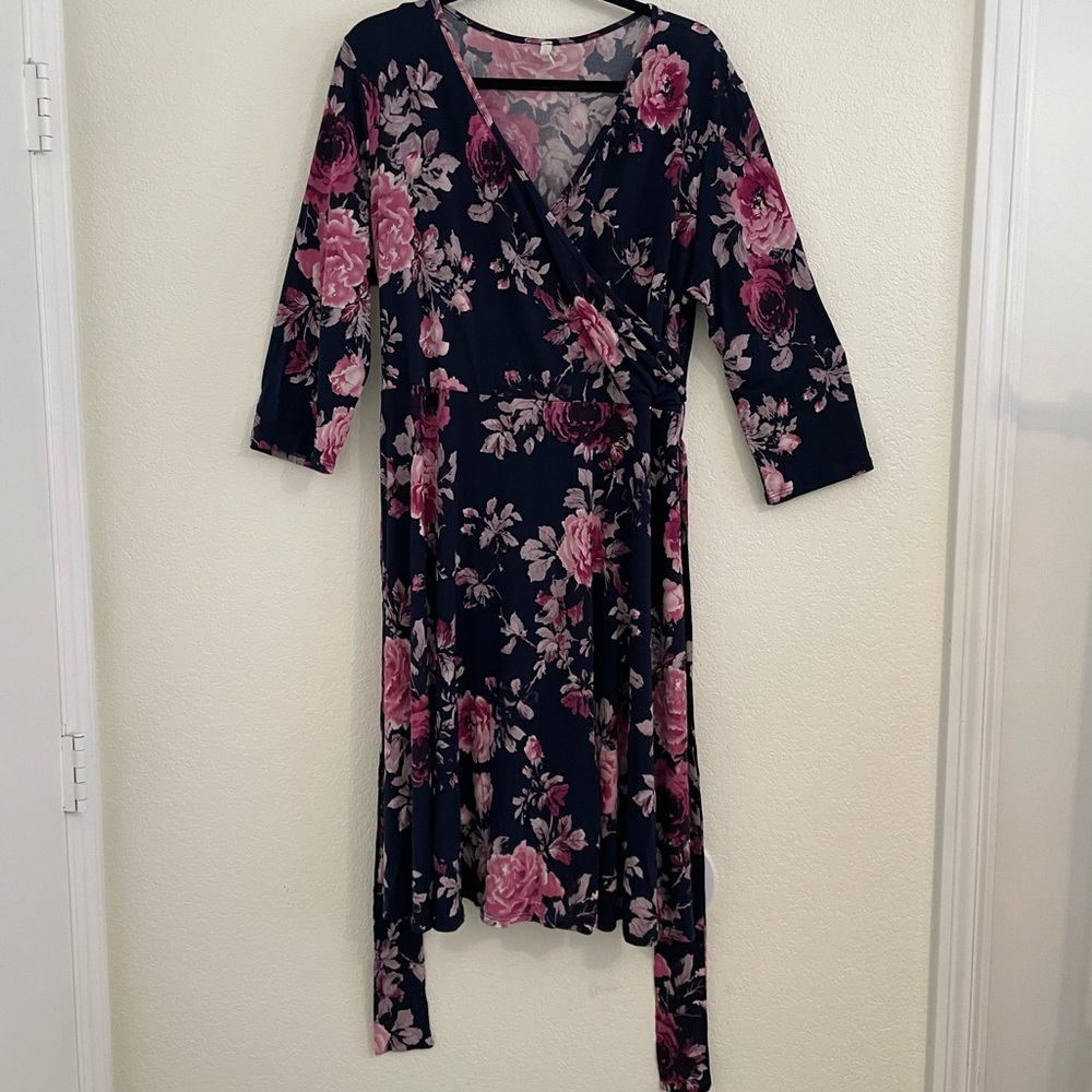 PINKBLUSH Navy Blue 2XL Floral‎ Maternity Faux Wrap Above the Knee Dress